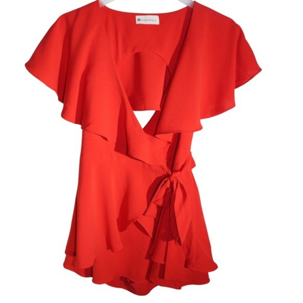 The Impeccable Pig Red Wrap Front Ruffle Romper Short Sleeve Cutout Back Small
